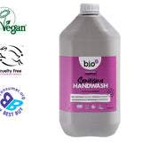 Bio D plum and mulberry 5L sanitising hand wash bottle on a white background