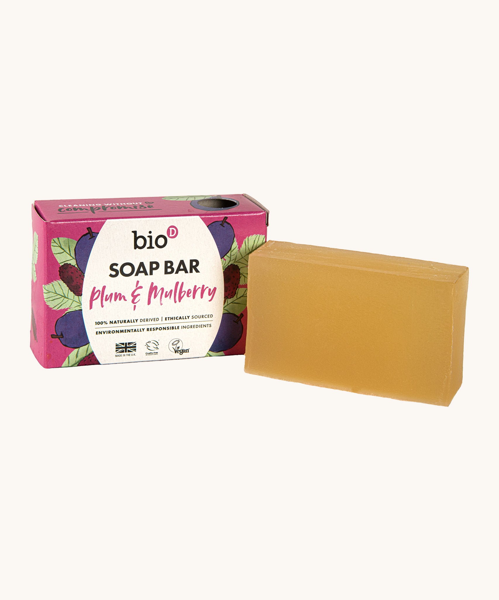 An open Bio-D plum & mulberry soap box standing next to the soap bar available at Babipur. 