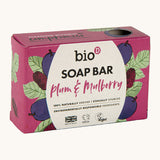 Bio-D plum & mulberry soap bar available at Babipur. This soap bar is 90g and presented in a light purple box with a plum design