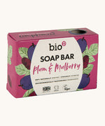 Bio-D plum & mulberry soap bar available at Babipur. This soap bar is 90g and presented in a light purple box with a plum design