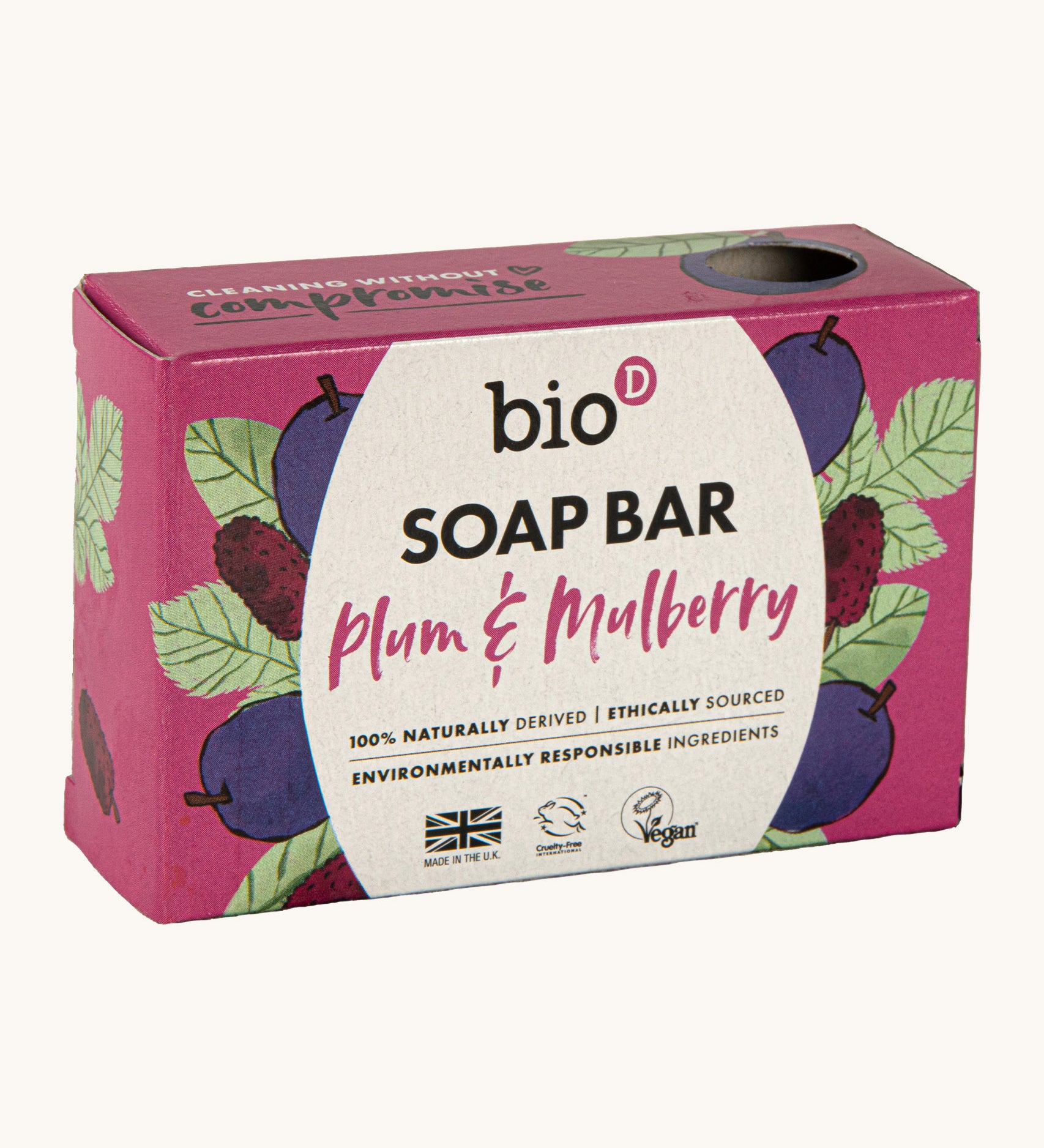 Bio-D plum & mulberry soap bar available at Babipur. This soap bar is 90g and presented in a light purple box with a plum design