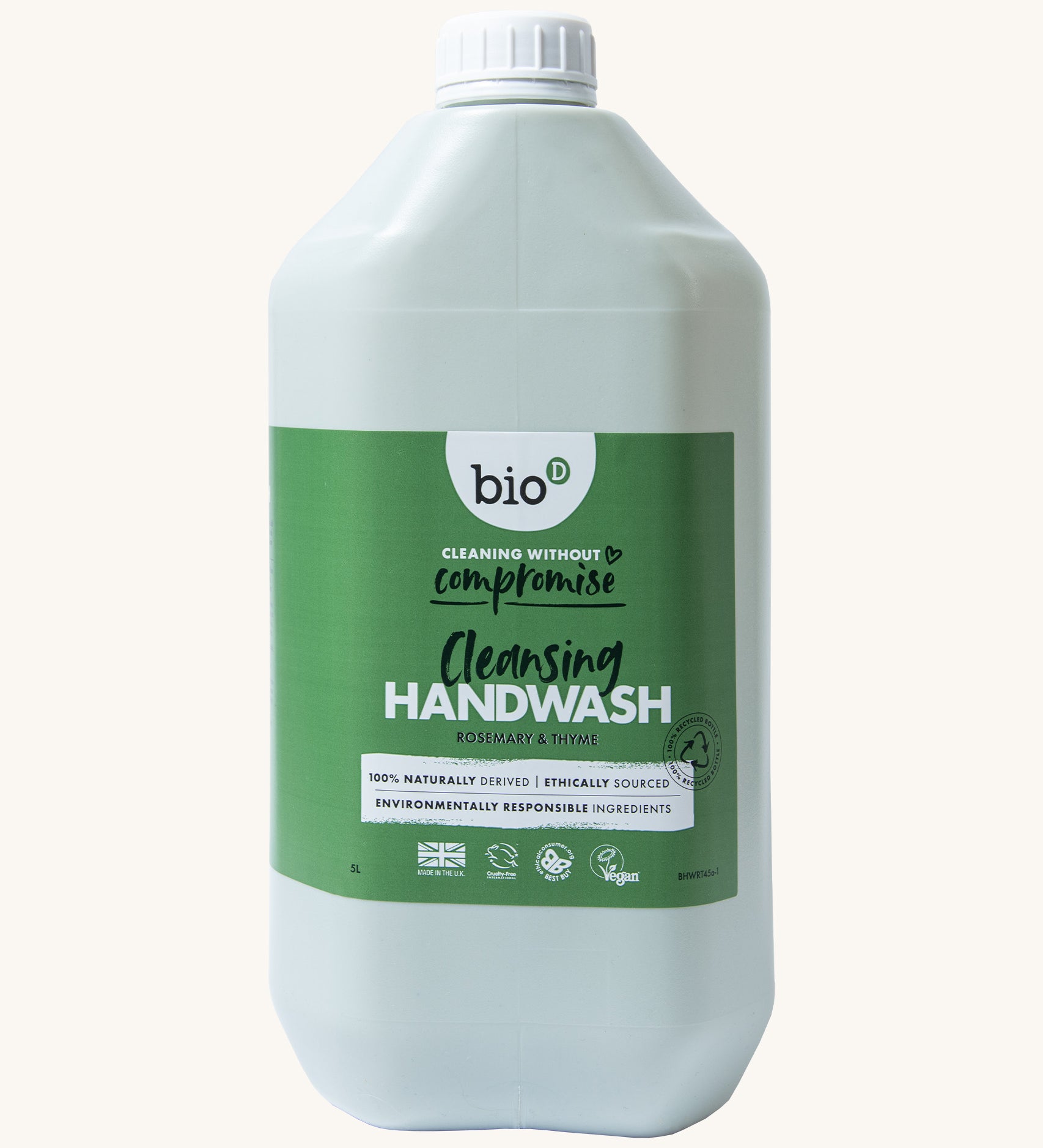 A 5L bottle of the Bio-D handwash in rosemary & thyme fragrance.