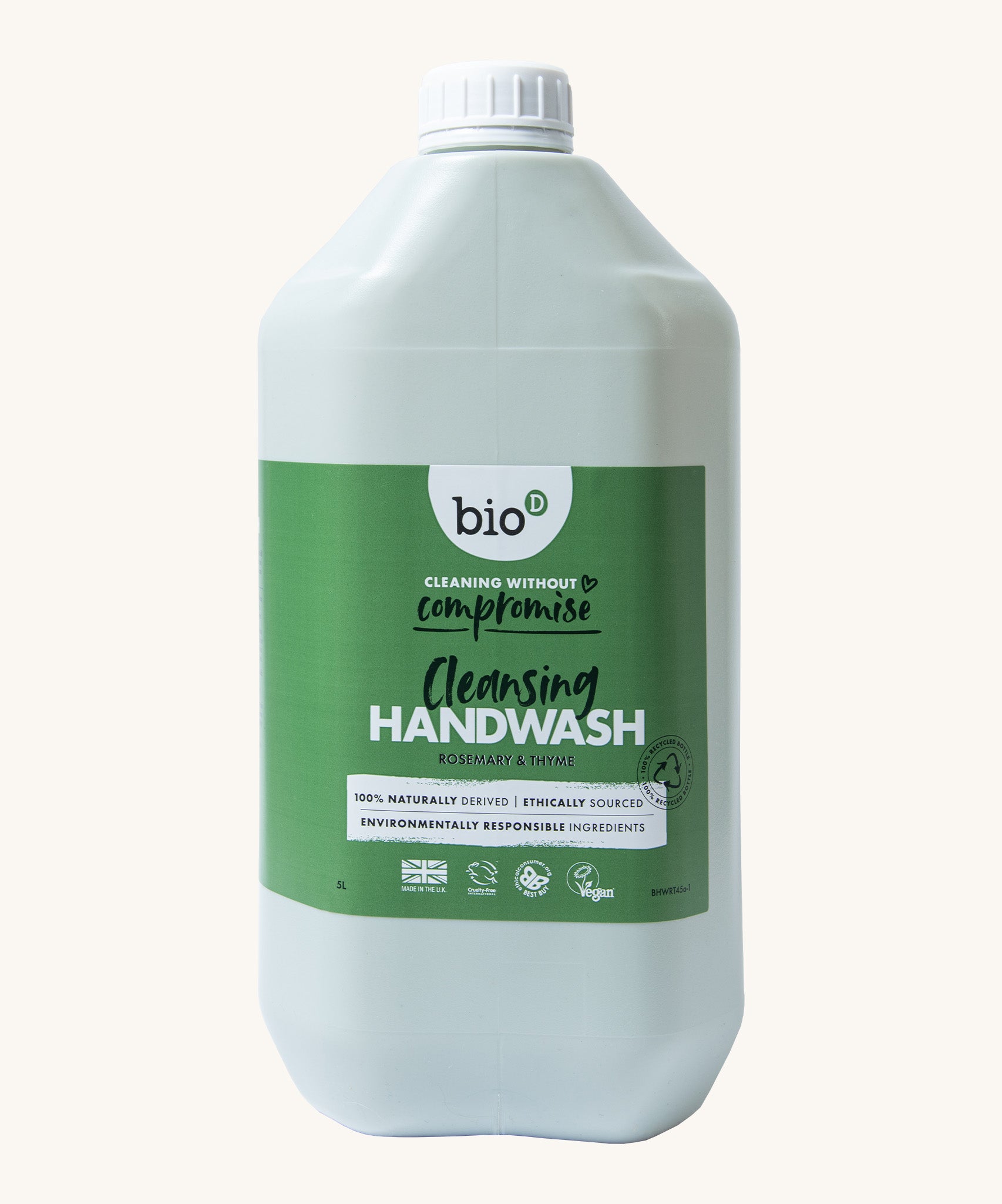 A 5L bottle of the Bio-D handwash in rosemary & thyme fragrance.