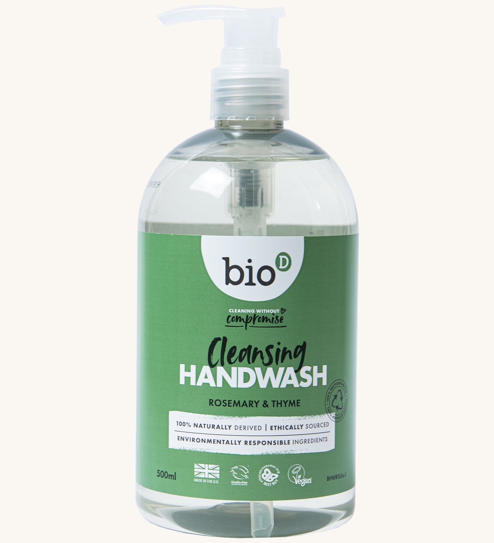 A 500ml bottle of Bio-D hand wash gel in rosemary & thyme fragrance. Features squeeze down cap for easy application.