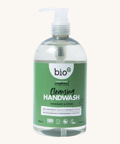 A 500ml bottle of Bio-D hand wash gel in rosemary & thyme fragrance. Features squeeze down cap for easy application.