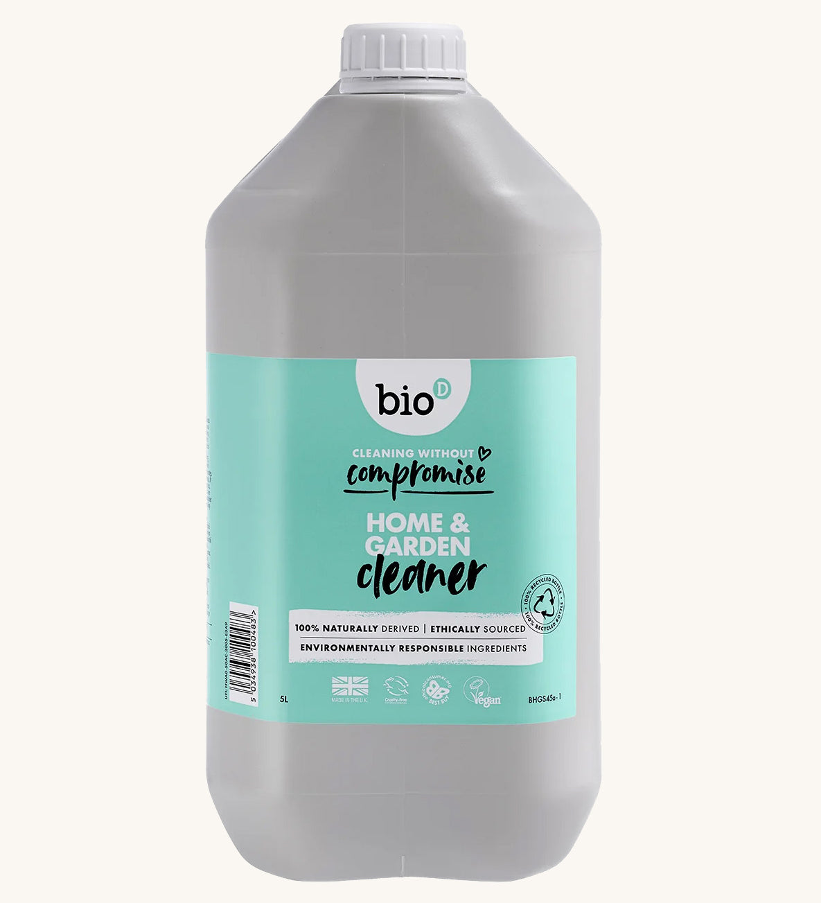 Front view of the 5 litre Bio-D Home and Garden Cleaner bottle with turquoise label, showing product name, vegan certification, and naturally derived ingredients.