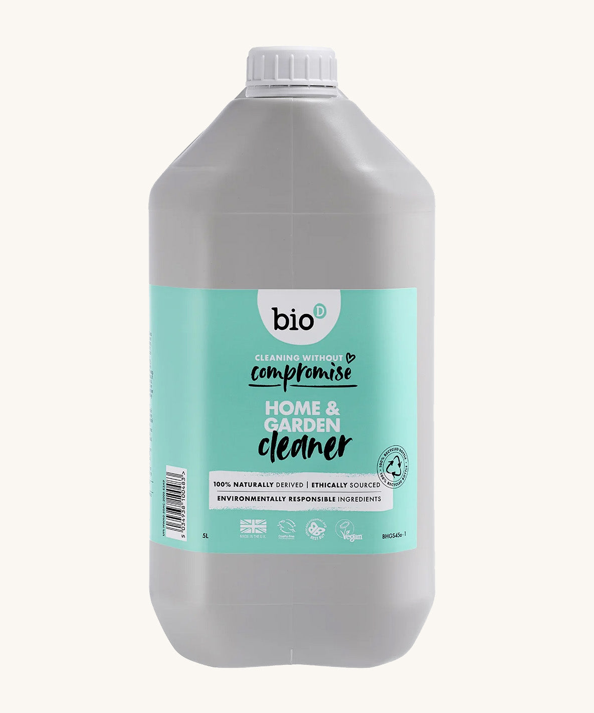 Front view of the 5 litre Bio-D Home and Garden Cleaner bottle with turquoise label, showing product name, vegan certification, and naturally derived ingredients.