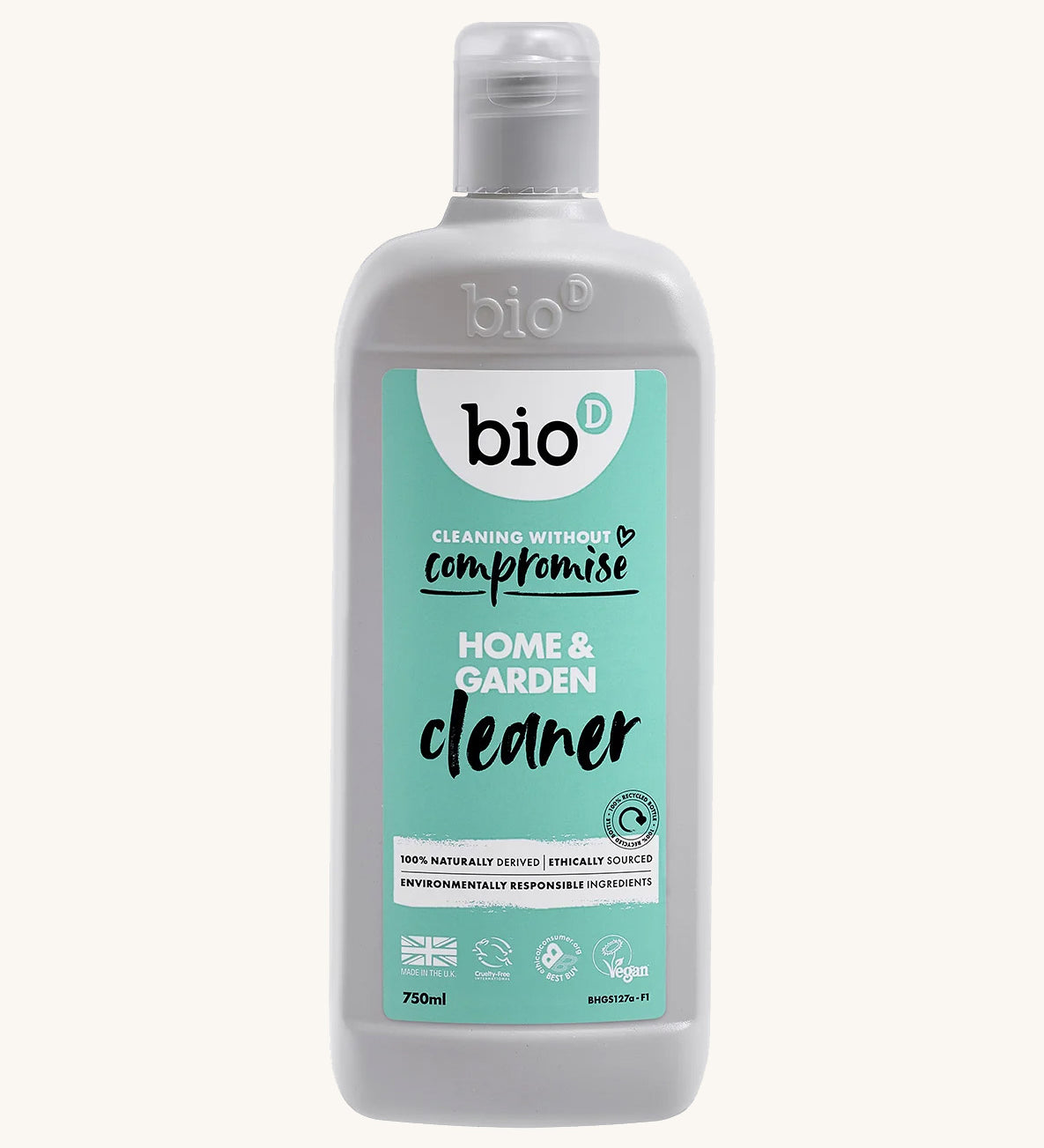 Front view of the 750ml Bio-D Home and Garden Cleaner bottle with turquoise label, showing the product name, vegan certification, and naturally derived ingredients.