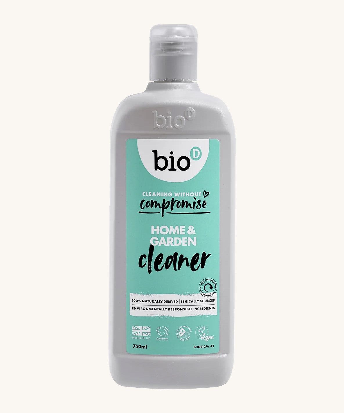 Front view of the 750ml Bio-D Home and Garden Cleaner bottle with turquoise label, showing the product name, vegan certification, and naturally derived ingredients.