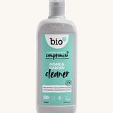 Front view of the 750ml Bio-D Home and Garden Cleaner bottle with turquoise label, showing the product name, vegan certification, and naturally derived ingredients.