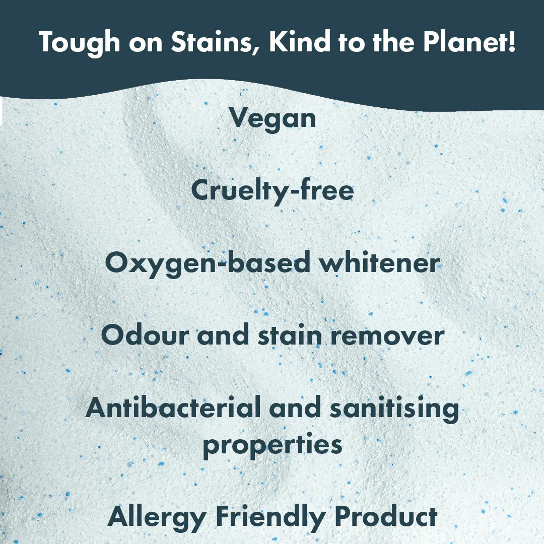 Powdered laundry bleach background with text reading “Tough on stains, kind to the planet” and a list of features including vegan, cruelty free, oxygen-based whitener, odour and stain remover, antibacterial and sanitising properties, and Allergy Friendly Product.