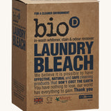 Angled front and side view of the Bio-D Laundry Bleach cardboard box, showing the product name, usage description, Allergy UK logo, and recyclable packaging.