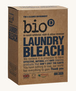Angled front and side view of the Bio-D Laundry Bleach cardboard box, showing the product name, usage description, Allergy UK logo, and recyclable packaging.