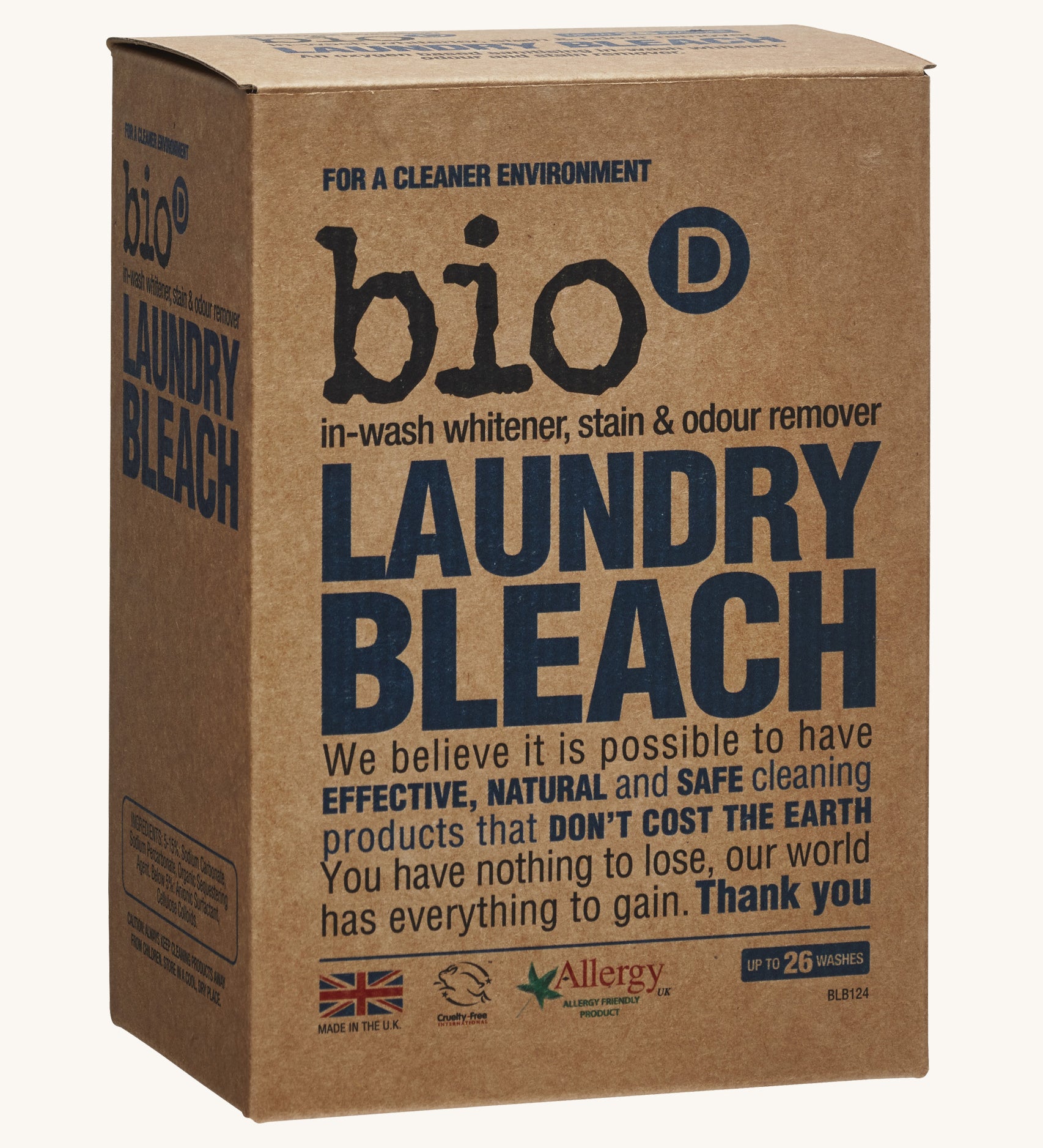 Angled front and side view of the Bio-D Laundry Bleach cardboard box, showing the product name, usage description, Allergy UK logo, and recyclable packaging.