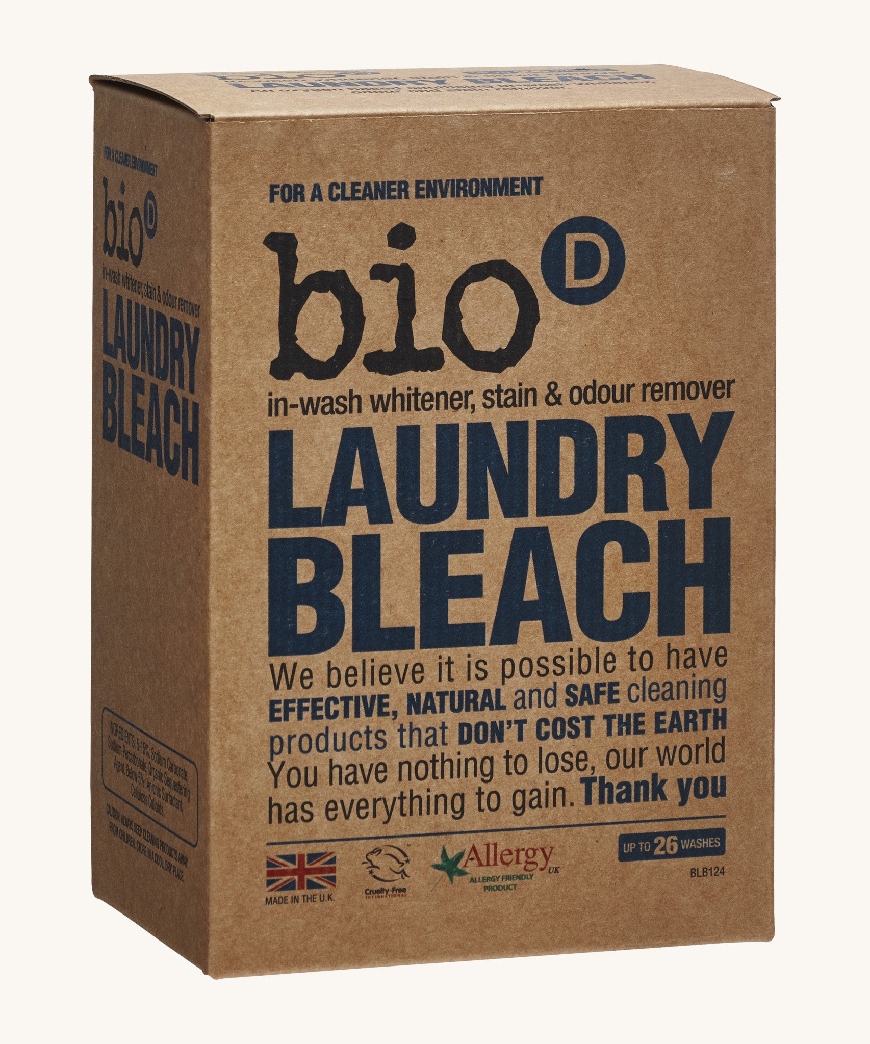 Angled front and side view of the Bio-D Laundry Bleach cardboard box, showing the product name, usage description, Allergy UK logo, and recyclable packaging.