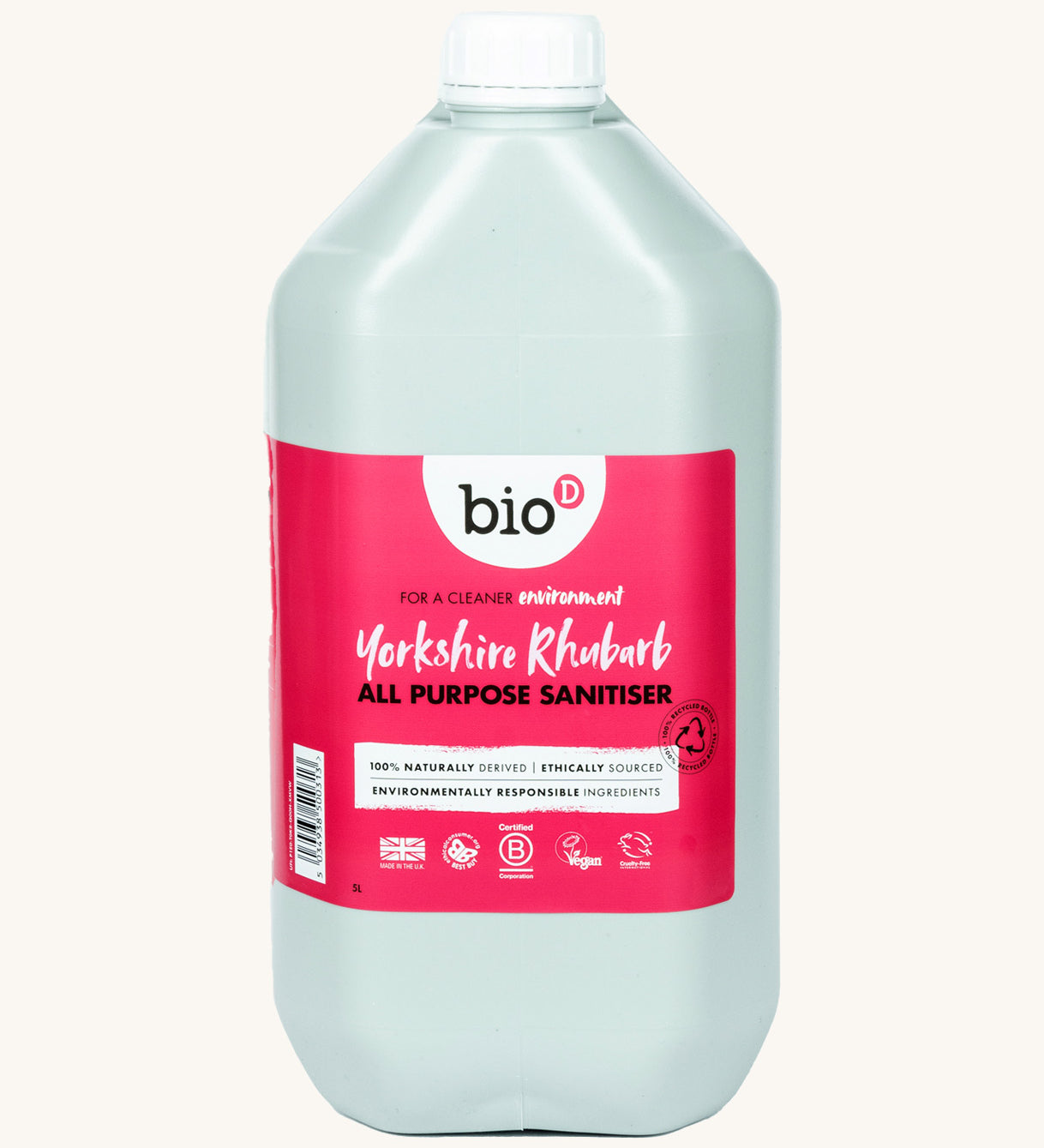 A 5L bottle of Bio-D all purpose sanitiser refill in Yorkshire rhubarb 
