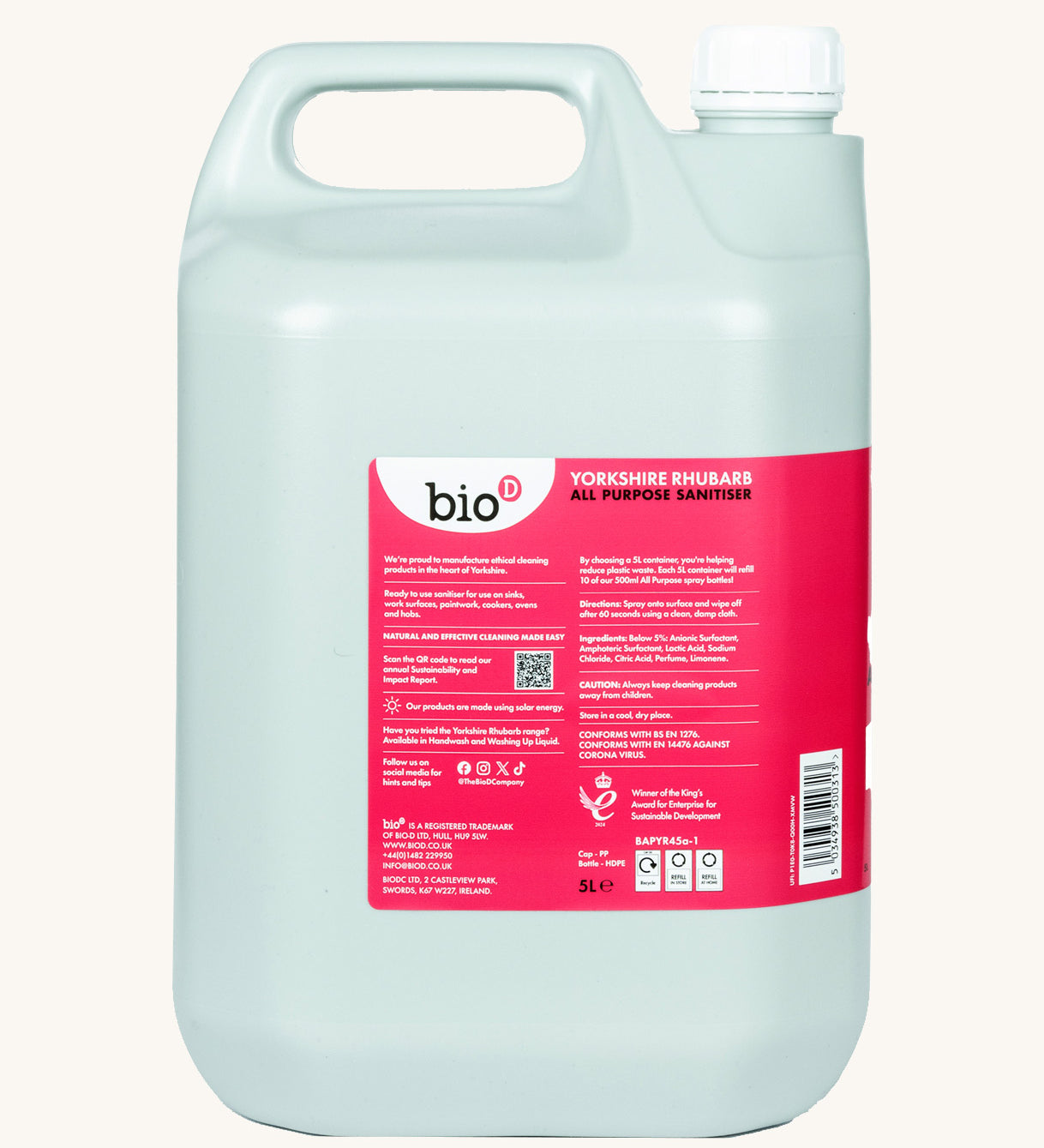 Side view of the 5L bottle of Bio-D all purpose sanitiser refill in Yorkshire rhubarb 
