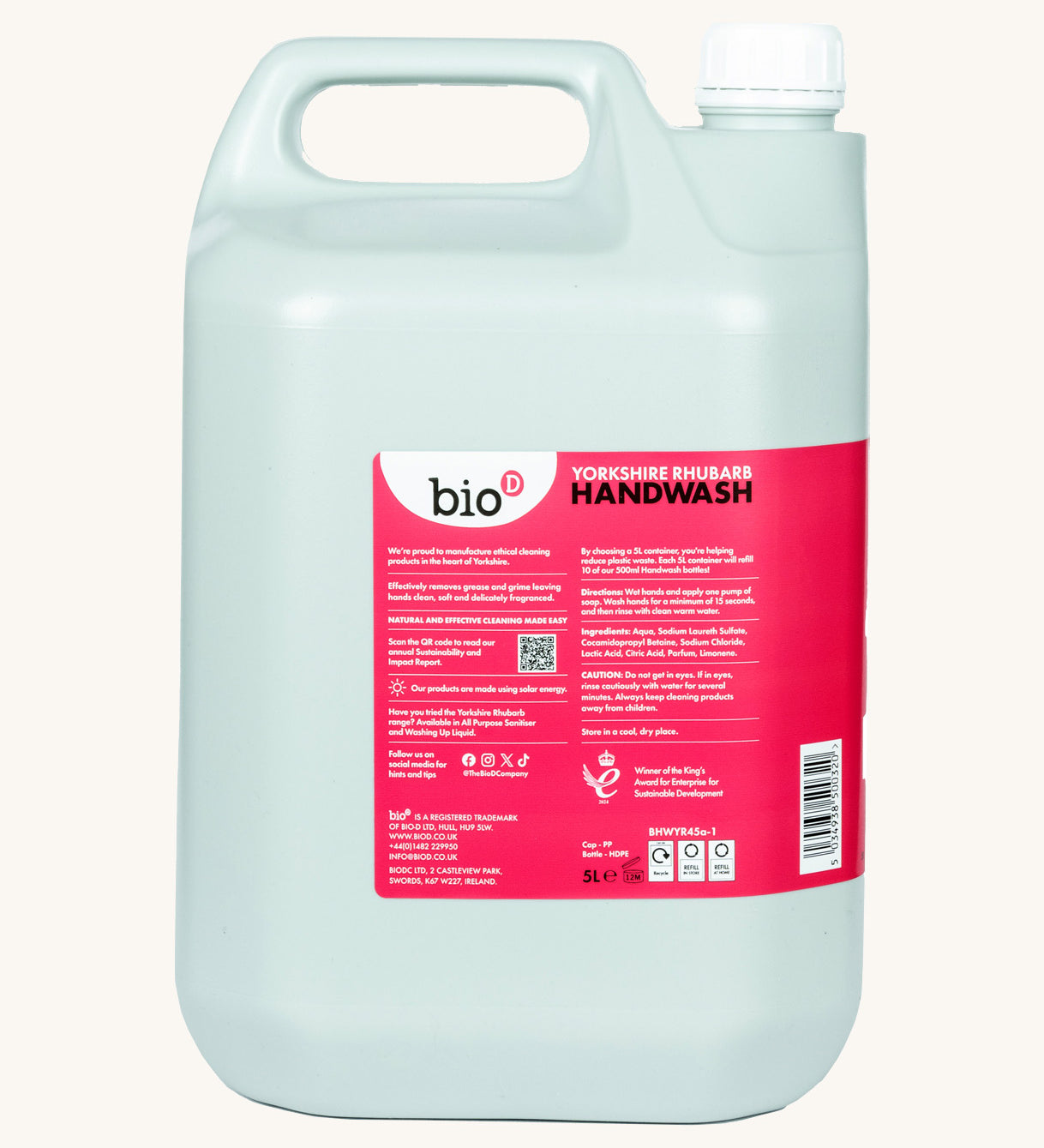 A side view of theA 5L bottle of the Bio-D handwash in Yorkshire rhubarb fragrance. Features a handle for easy carrying.