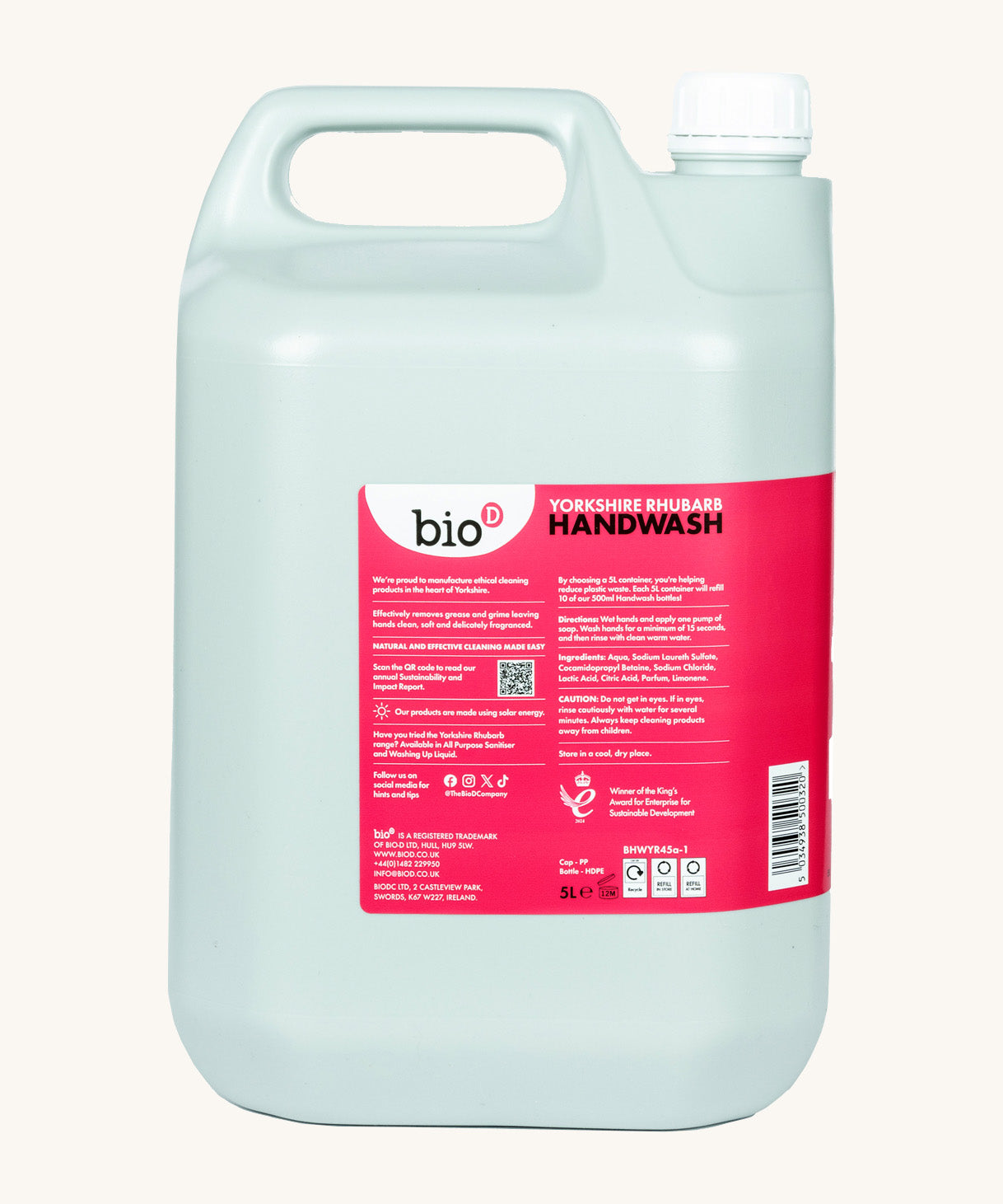 A side view of theA 5L bottle of the Bio-D handwash in Yorkshire rhubarb fragrance. Features a handle for easy carrying.