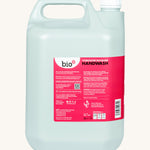 A side view of theA 5L bottle of the Bio-D handwash in Yorkshire rhubarb fragrance. Features a handle for easy carrying.