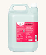 A side view of theA 5L bottle of the Bio-D handwash in Yorkshire rhubarb fragrance. Features a handle for easy carrying.