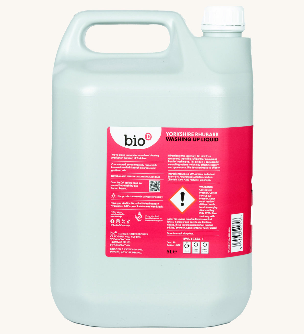 Side view of the Bio-D 5L Yorkshire rhubarb washing up liquid. Features a handle for easy carrying.