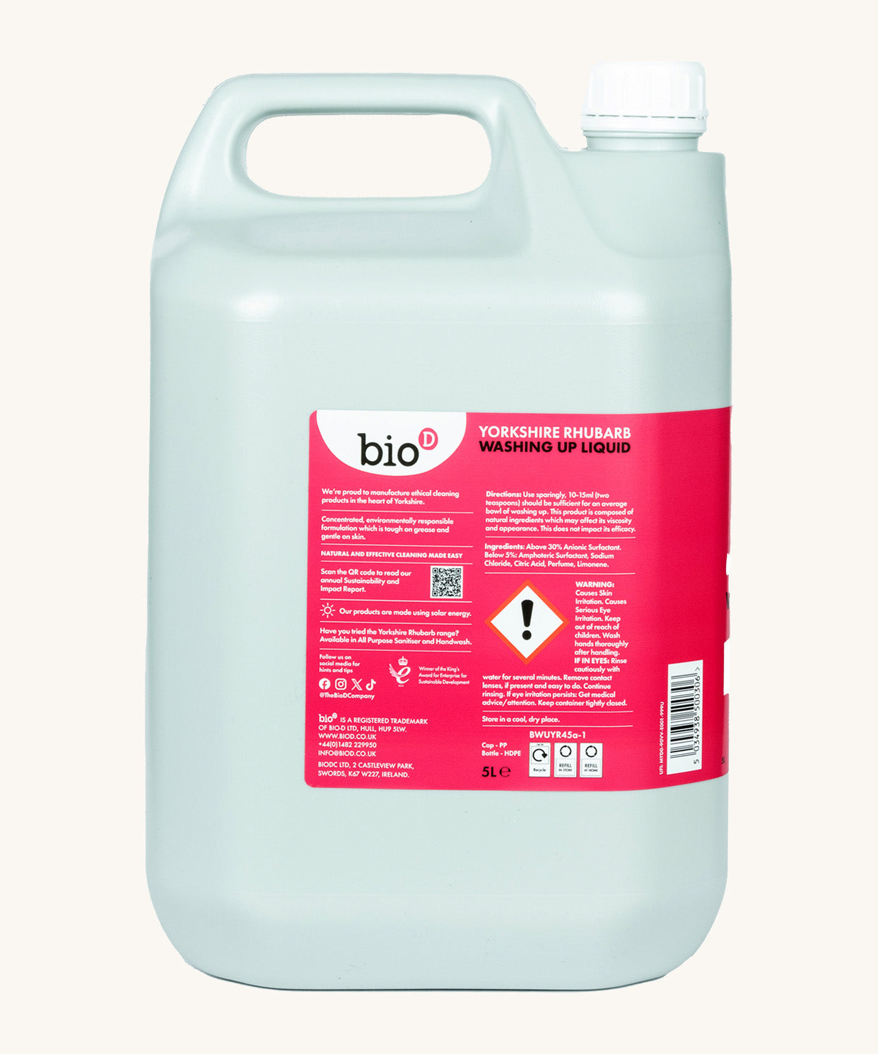 Side view of the Bio-D 5L Yorkshire rhubarb washing up liquid. Features a handle for easy carrying.
