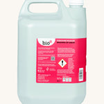 Side view of the Bio-D 5L Yorkshire rhubarb washing up liquid. Features a handle for easy carrying.