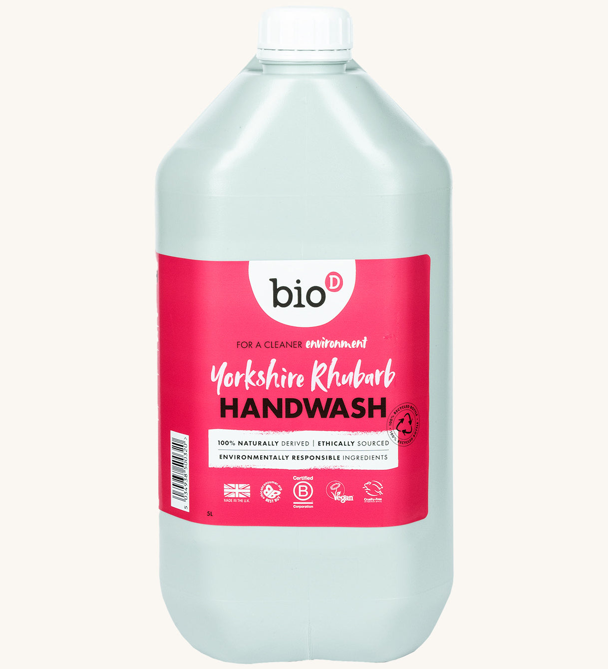 A 5L bottle of the Bio-D handwash in Yorkshire rhubarb fragrance.