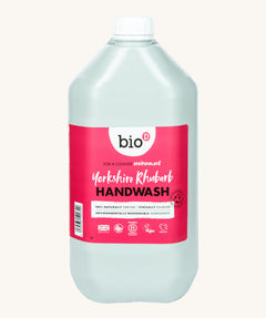 A 5L bottle of the Bio-D handwash in Yorkshire rhubarb fragrance.