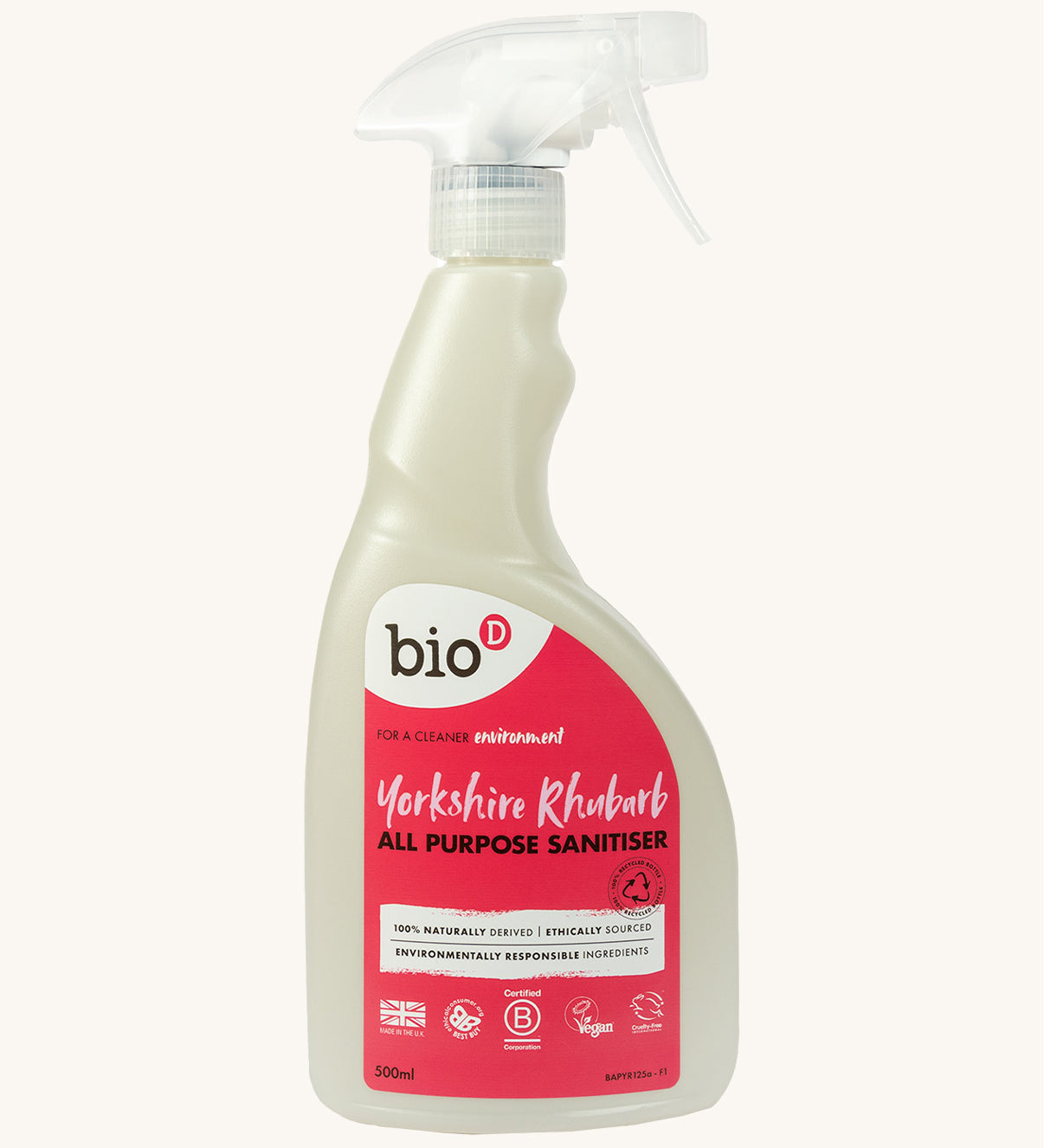 A 500ml bottle of Bio-D all purpose sanitise in Yorkshire rhubarb with a spray nozzle