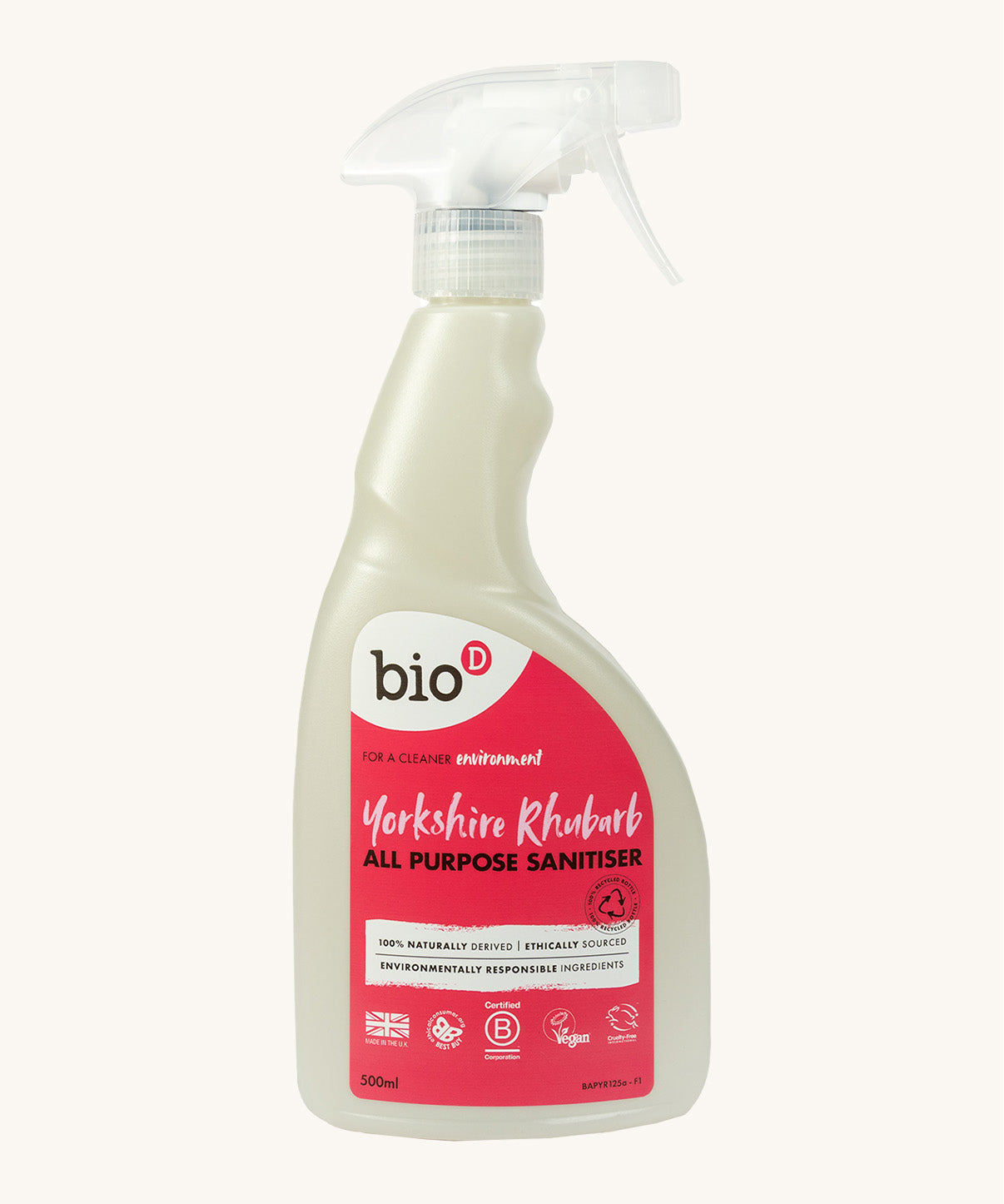 A 500ml bottle of Bio-D all purpose sanitise in Yorkshire rhubarb with a spray nozzle
