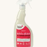 A 500ml bottle of Bio-D all purpose sanitise in Yorkshire rhubarb with a spray nozzle