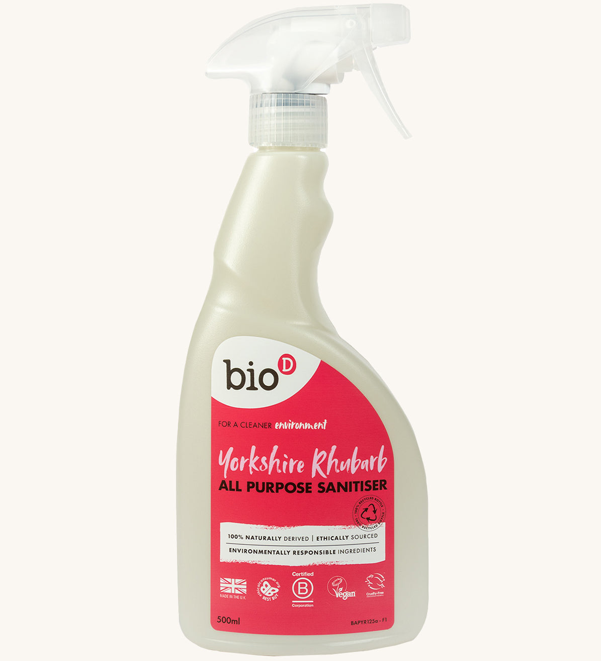 A 500ml bottle of Bio-D all purpose sanitise in Yorkshire rhubarb with a spray nozzle