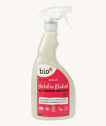 A 500ml bottle of Bio-D all purpose sanitise in Yorkshire rhubarb with a spray nozzle
