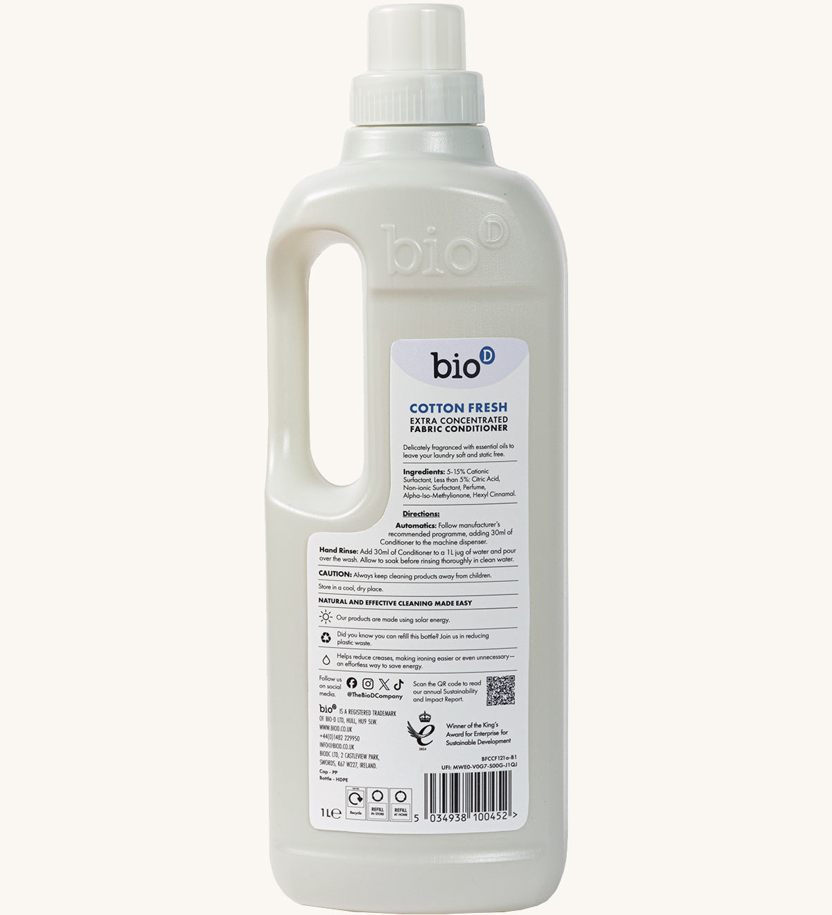 A back view of the Bio-D cotton fresh 1L laundry liquid 