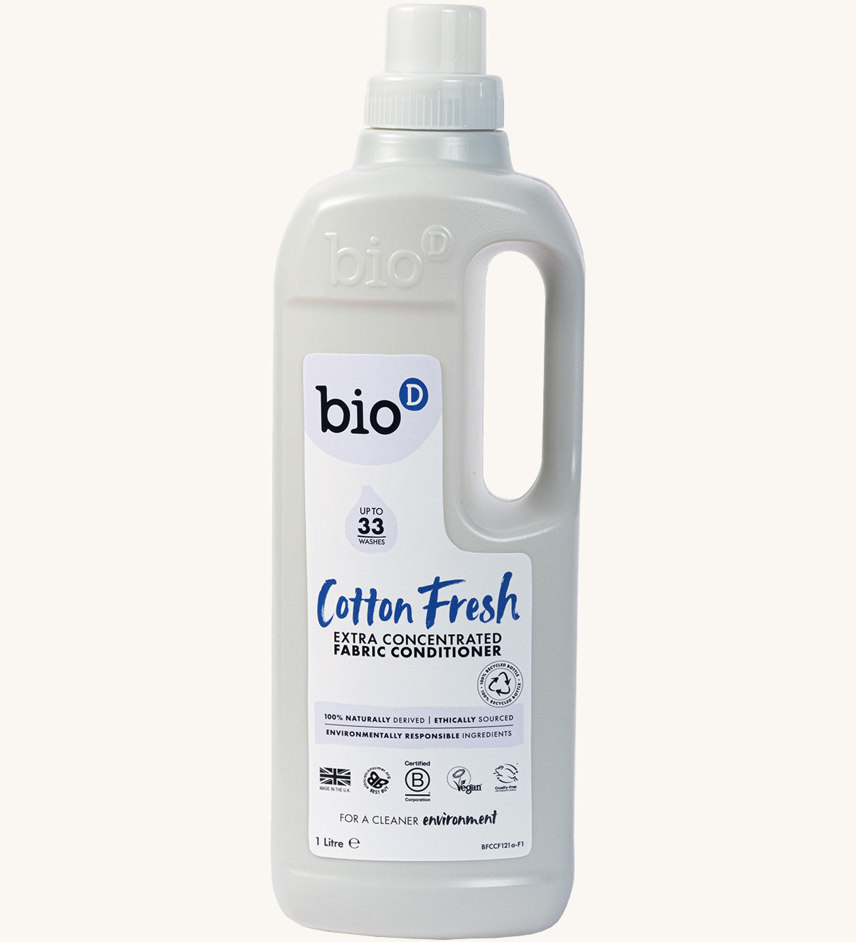 A 1L bottle of Bio-D cotton fresh fabric conditioner. Features a cap for easy pouring and a handle for carrying.