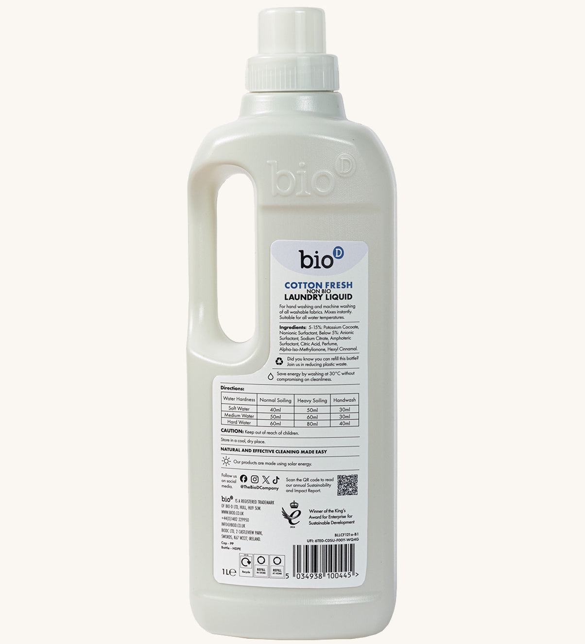 A back view of the Bio-D cotton fresh 1L laundry liquid 