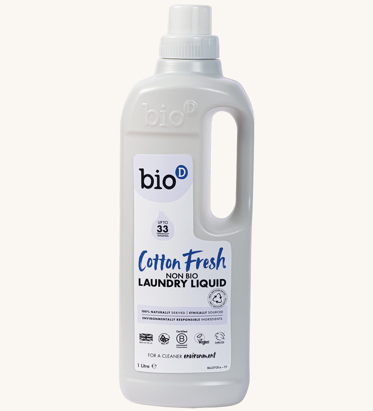 A 1L bottle of Bio-D cotton fresh non bio laundry liquid. Features a cap for easy pouring and a handle for carrying.