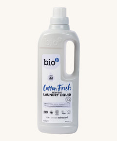 A 1L bottle of Bio-D cotton fresh non bio laundry liquid. Features a cap for easy pouring and a handle for carrying.