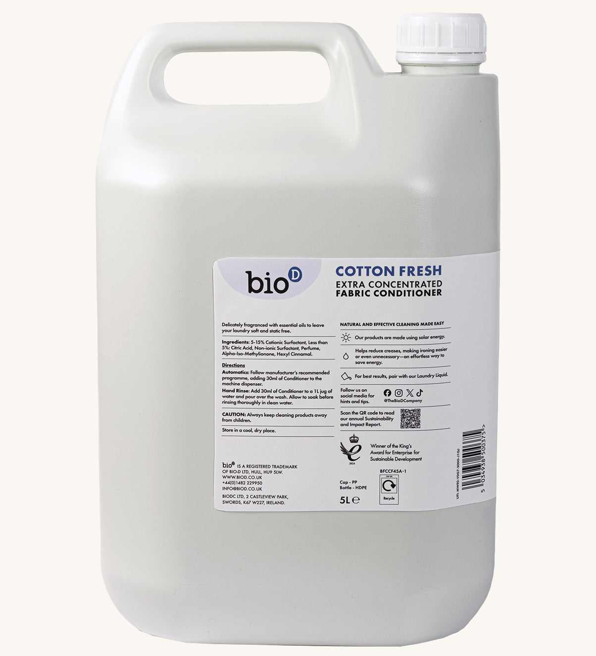 A side view of the 5L bottle of Bio-D cotton fresh fabric conditioner. Features a handle for carrying.