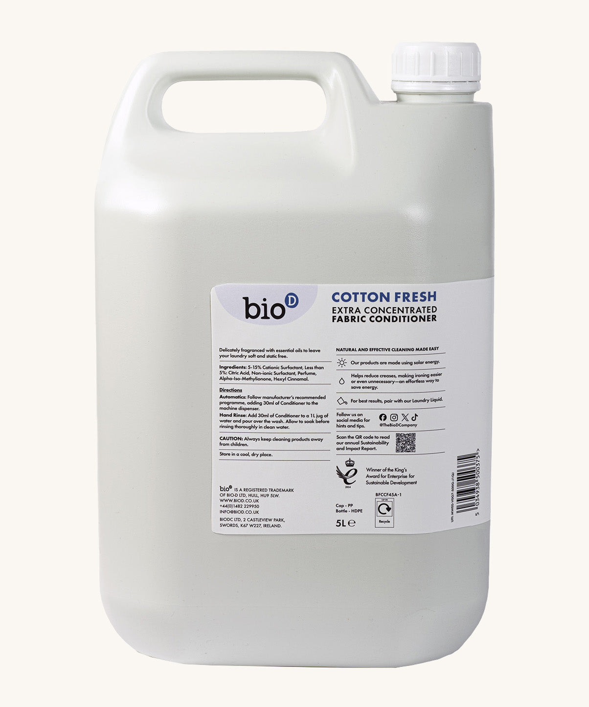 A side view of the 5L bottle of Bio-D cotton fresh fabric conditioner. Features a handle for carrying.