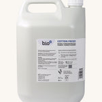 A side view of the 5L bottle of Bio-D cotton fresh fabric conditioner. Features a handle for carrying.