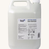 A side view of the 5L bottle of Bio-D cotton fresh fabric conditioner. Features a handle for carrying.