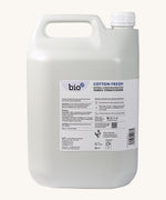 A side view of the 5L bottle of Bio-D cotton fresh fabric conditioner. Features a handle for carrying.
