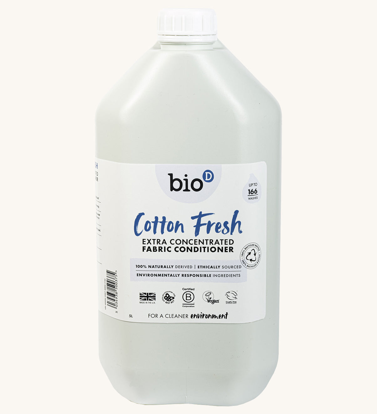 A 5L bottle of Bio-D cotton fresh fabric conditioner. Features a cap for easy pouring.