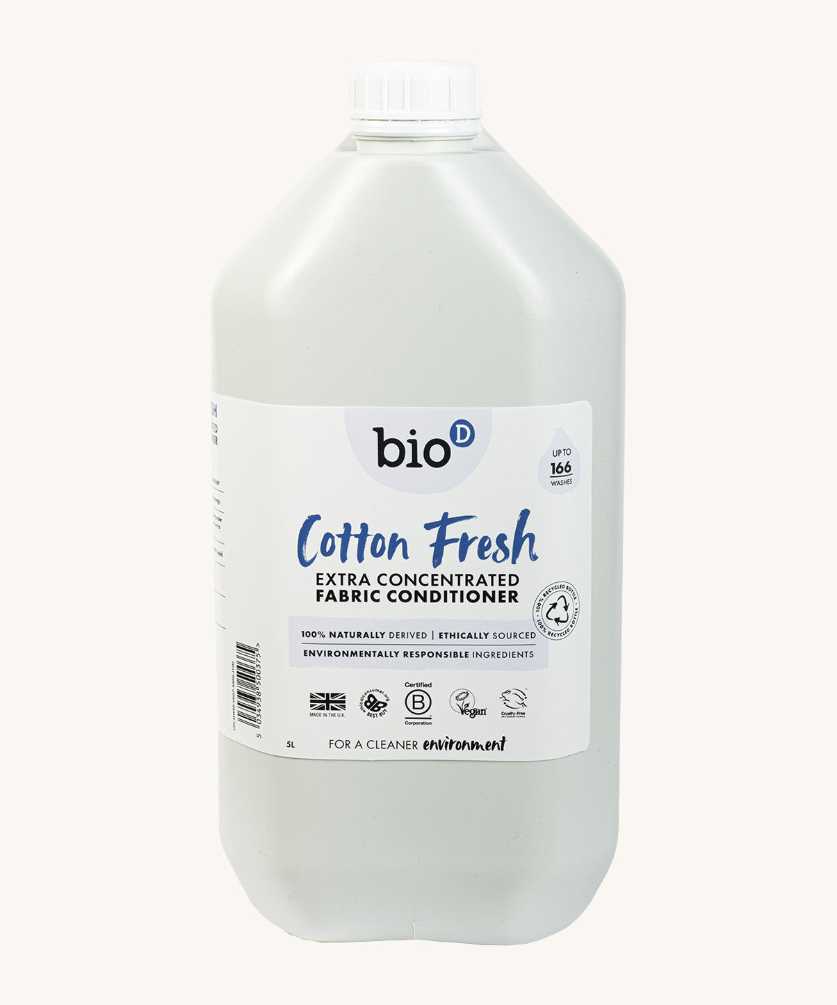 A 5L bottle of Bio-D cotton fresh fabric conditioner. Features a cap for easy pouring.