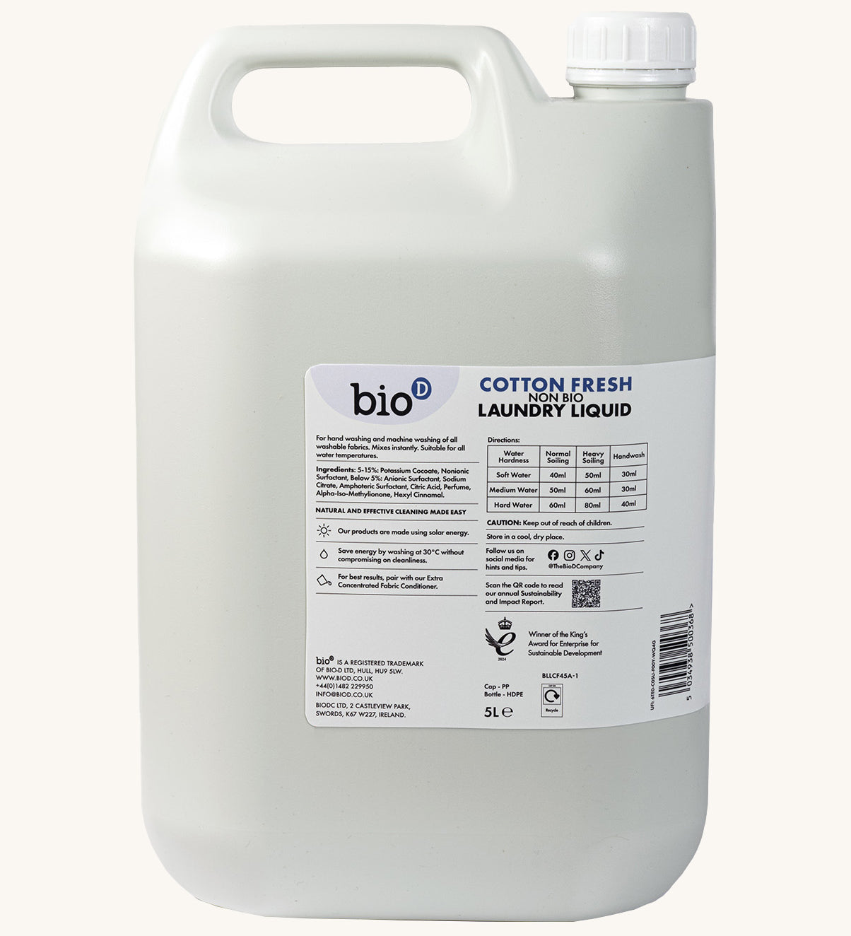 A side view of the 5L bottle of Bio-D cotton fresh non bio laundry liquid. Features a cap for easy pouring and a handle for carrying.