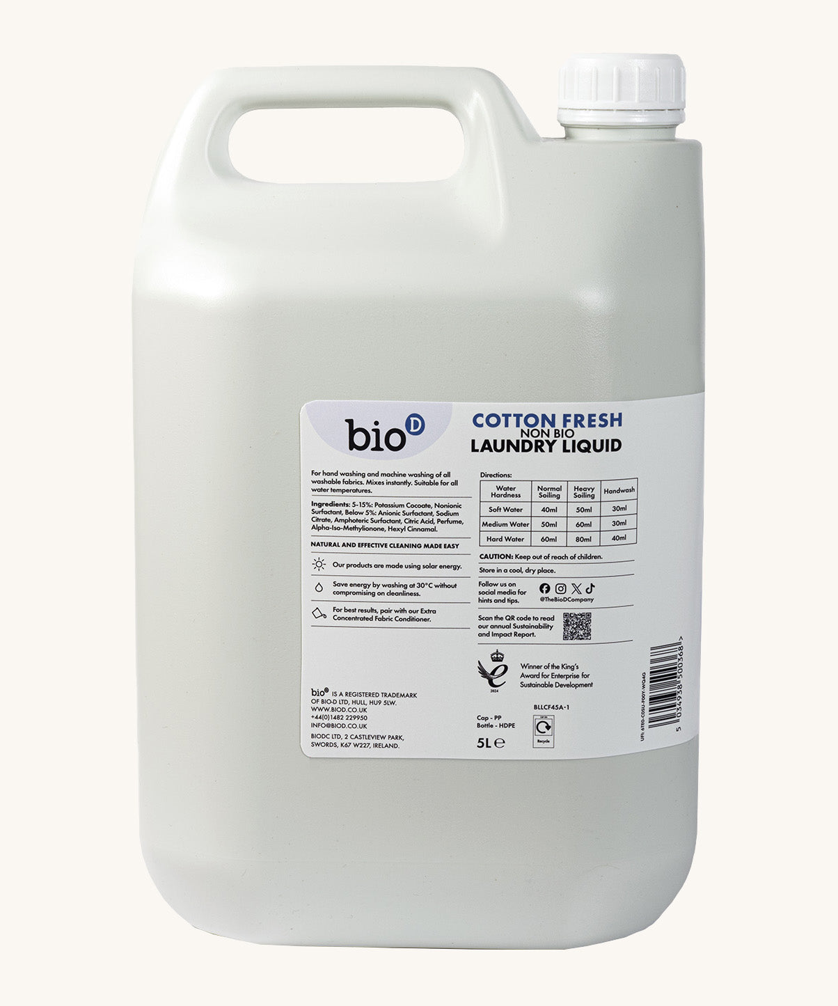 A side view of the 5L bottle of Bio-D cotton fresh non bio laundry liquid. Features a cap for easy pouring and a handle for carrying.
