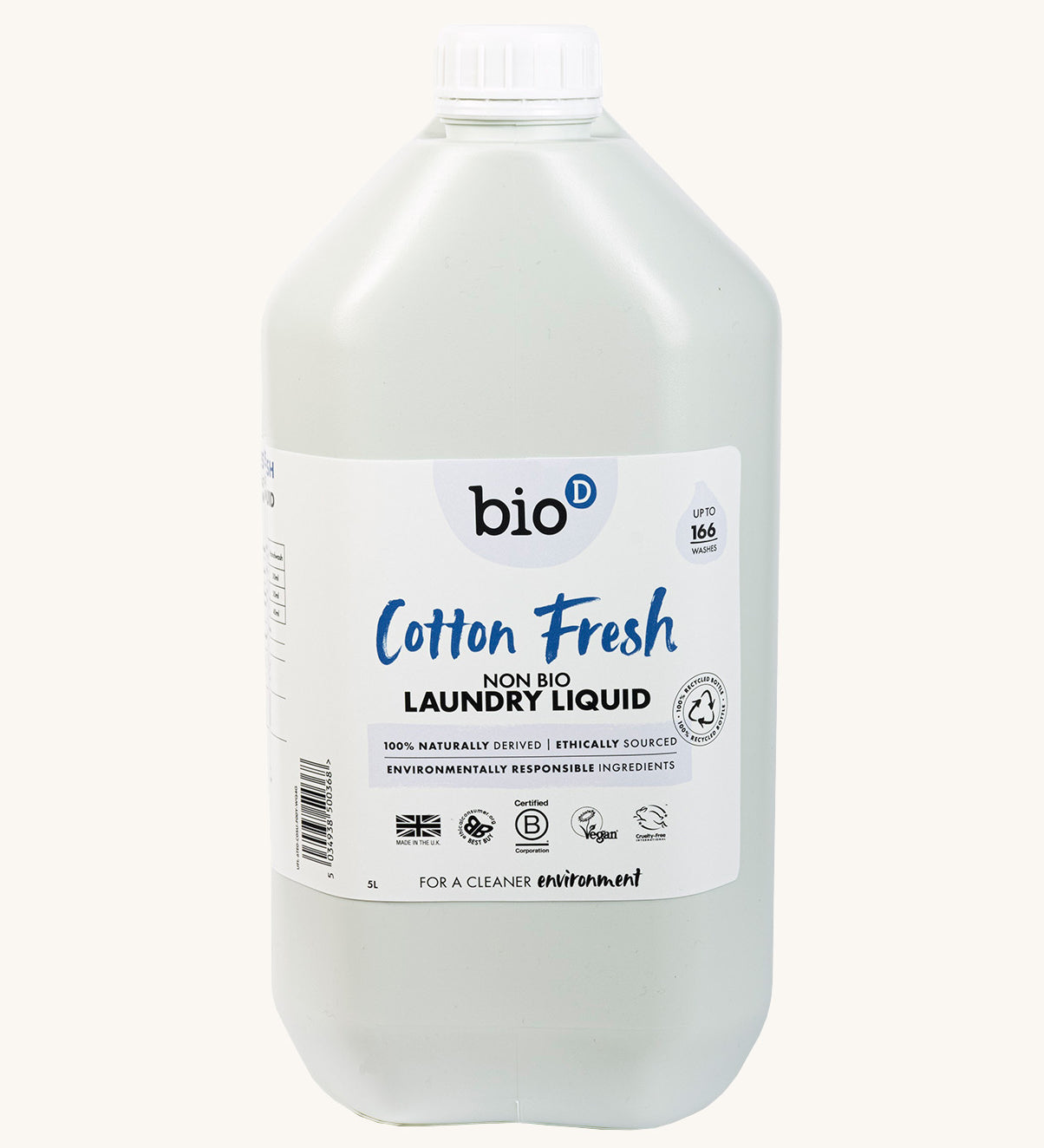 A 5L bottle of Bio-D cotton fresh non bio laundry liquid. Features a cap for easy pouring.